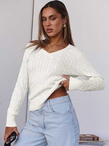 ANRABESS Womens Long Sleeve Cable Knit Sweater 2025 Fall Fashion V Neck Fitted Pullover Top Business Casual Work Fall Outfits thumbnail 5