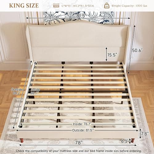 koorlian King Size Bed Frame Upholstered Platform Bed with 51" Tall Headboard Wingback, Soft Fabric, Retro Simple Style Platform Bed No Box Spring Needed, Easy Assembly, Beige thumbnail 2
