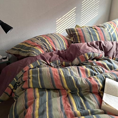 mixinni Vintage Striped Duvet Cover Set Queen Size - 3 Piece 100% Washed Cotton Bedding Set, Soft & Breathable, Colorful Striped Pattern Printed Comforter Cover for All Seasons thumbnail 5