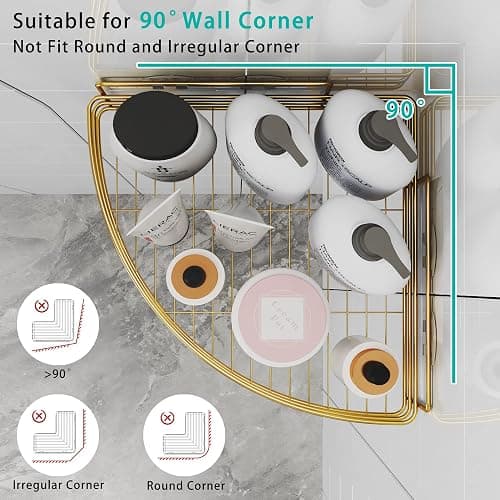 Corner Shower Shelves with 4 Hooks, 2-Tier Stainless Steel Bathroom Shower Organizers, Wall Mounted Caddy Shelves No Drilling with Adhesive, Triangle Storage Shelf for Toilet, Dorm and Kitchen, Gold thumbnail 4