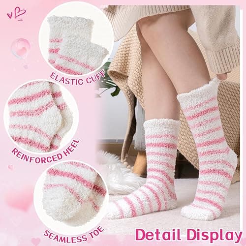 WEVIAS Womens Fuzzy Socks Fluffy Cozy Heart Comfy Winter Thick Warm Pink Plush Fleece Sleep Slipper Socks 5 Pairs thumbnail 5