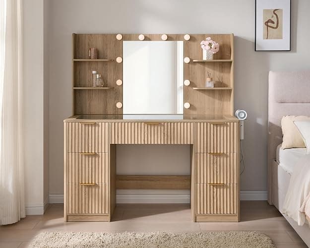 AMERLIFE 47.2" Fluted Vanity Desk with Mirror and Adjustable LED Lights, Large 7 Drawers Makeup Table with Glass Top and Charging Station for Women and Girls, Bedroom or Dorm, Natural Oak thumbnail 3