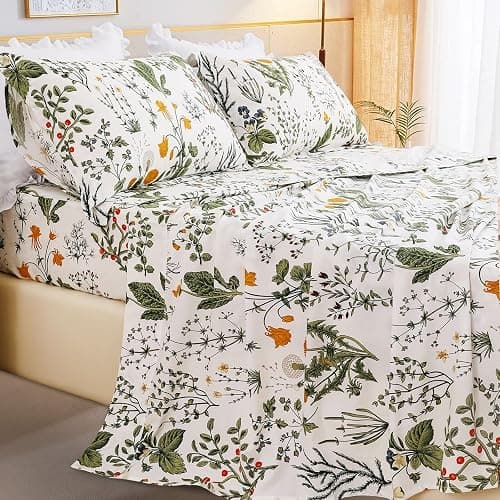 QSH 100% Cotton Sheets for King Size Bed, Yellow Flowers Plant Pattern Botanical Luxury Cotton Printed Floral Bedding King Size Sheet with Deep Pockets 17" Soft and Breathable 4pcs thumbnail 2