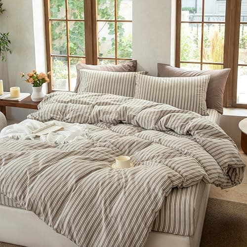 BESTDESIL Striped Duvet Cover Set, 100% Washed Cotton Bedding King Size, Stripes Pattern Printed Comforter Cover with Zipper Closure(Linen Grey,King Size) thumbnail 8
