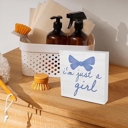 CUANFDDSF Trendy Blue Bow Coquette Room Decor Wooden Box Sign, Coquette Party Decor, Girls Room i’m Just a Girl Girly Bowknot Signs for Home Dorm Wall Desk Shelf Tabletop Decoration 5X5In thumbnail 2