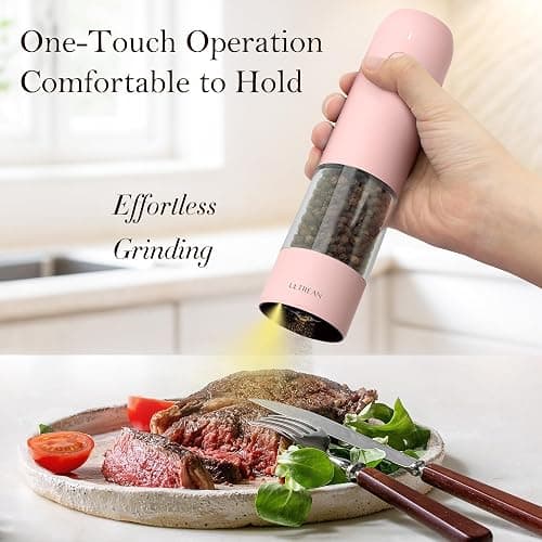 Ultrean Electric Pepper Grinder, Rechargeable Salt and Pepper Grinder with 6 Adjustable Coarseness, Automatic Grinder for Kitchen, LED Light, Christmas Gifts for Women, Pink thumbnail 2