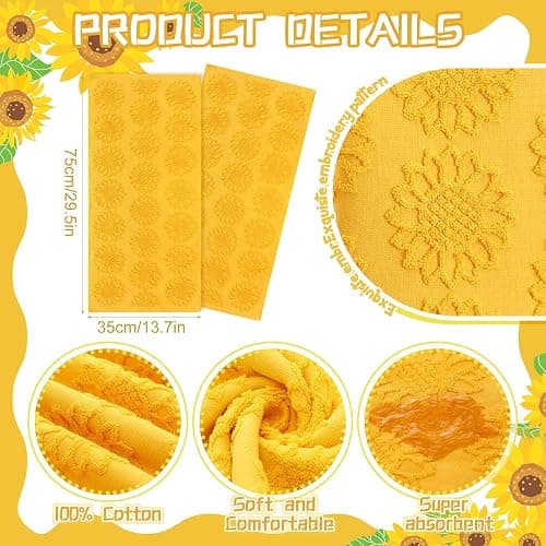 SmoothNovelty 2 Pcs Yellow Sunflower Hand Towels 100% Cotton Jacquard Weave | Bath Towel Set Soft Absorbent Dish Washcloth for Bathroom Kitchen Summer Theme Gifts, 13.8x29.5 Inch thumbnail 3