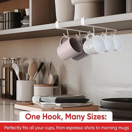 Better Houseware Coffee Mug Holder, Under-Shelf Mug Rack with 6 Hooks, Cup Organizer for Kitchen Cabinets, Set of 2, White thumbnail 4