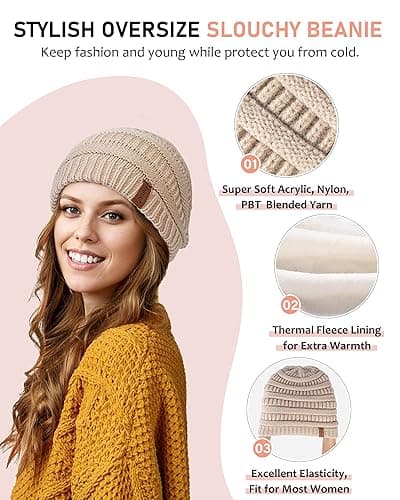 Womens Winter Beanie Hat Scarf Gloves Headband Set, Slouchy Beanie Ear Warmer Knit Scarf Touchscreen Gloves Warm 4 Gift Set - Oatmeal thumbnail 4