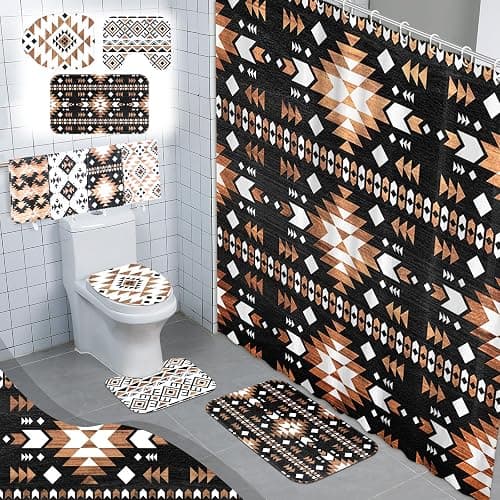 FuWeave 8 Pcs Western Aztec Shower Curtain Set Geometric Vintage Bathroom Decor Boho Abstract Pattern Waterproof Shower Curtain Aztec Towels Non Slip Rug Toilet Lid Cover Bath Mat with 12 Hooks - Image 1