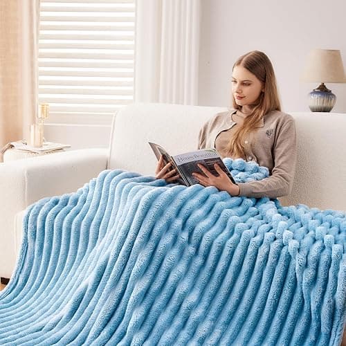 NEWCOSPLAY Super Soft Throw Blanket Blue Premium Silky Flannel Fleece 3D Ribbed Jacquard Lightweight Bed Blanket All Season Use (Blue Ribbed, Throw(50"x60")) thumbnail 3