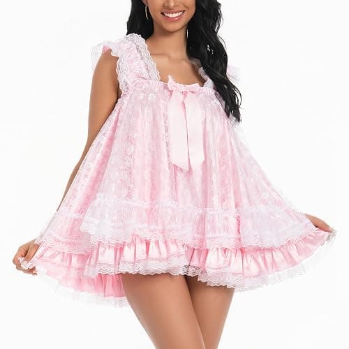 Satini Lingerie Satin Sissy Babydoll Ruffles Frilly Lace Nightie Negligee Cosplay Nightwear Dress thumbnail 4