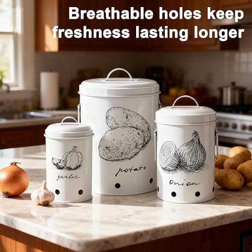 EQEY Kitchen Potato and Onion Storage Bin,Metal Vegetable Storage Bins Set of 3 with Aerating Holes and Lids,Farmhouse Canisters Sets for the Kitchen Countertop (1, Circular) thumbnail 3