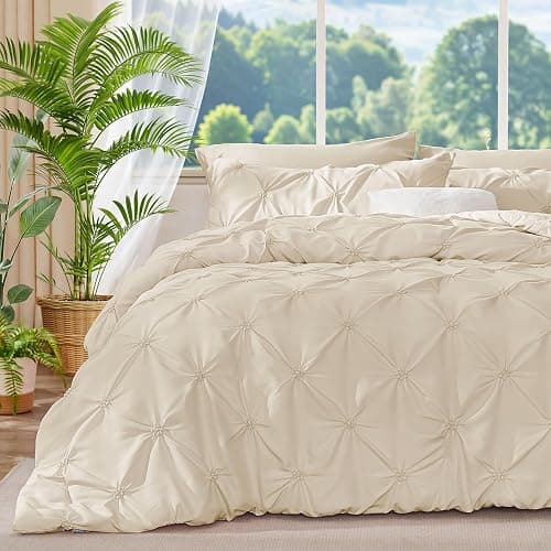 BEDELITE Queen Comforter Set Beige - 3 Pieces Boho Pintuck Bedding Sets, Queen Size Bed Set with 2 Pillow Shams for All Seasons, Room Decor Valentine's Gift,Lightweight Soft and Warm thumbnail 2