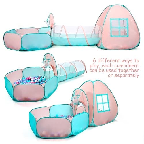 3 in 1 Pop Up Kids Play Tent with Tunnel and Ball Pit for Kids, Boys, Girls, Babies and Toddlers, Indoor/Outdoor Playhouse,Orange Pink/Light Green - Orange/Green thumbnail 7