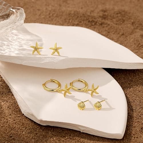 Gold Seashell Starfish Stud Hoop Earrings for Women, Summer Beach Flower Drop Earrings for Multiple Piercing Cartilage, Dainty Trendy Dangling Earring 3 Pairs Set Vacation Outfits Accessories Jewelry thumbnail 7
