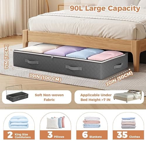 Budding Joy 90L Under Bed Storage Containers, Closet Organizers and Storage Bins, Foldable Underbed Storage Bags for Linen Sheets, Blanket, Clothing, Comforter, Sweaters, Pillows, Wrapping Paper, Grey thumbnail 3
