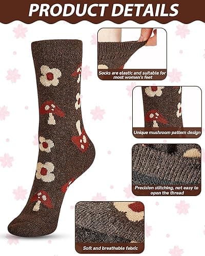 Janmercy 2 Pairs Mushroom Crew Sock Wool Mushroom Socks Classic Flower Socks Women Novelty Socks Casual Women's Socks (Flower) thumbnail 2