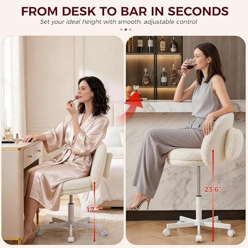 GTPLAYER Velvet Tall Office Chair with Wheels Vanity Chairs with Back, Versatile Height Use: Office to Bar Stools Small Ergonomic Comfy Armlees Computer Desk Chair with Bow Lumbar Pillow for Gift thumbnail 3