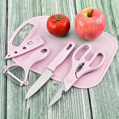 Magicorange Travel Cutting Board Set, 4 Pcs Portable Mini Camping Plastic Cutting Board Set & Stainless Steel Knife with Sheath, Fruits & Vegetable Peeler Scissors (Pink) - Pink thumbnail 2