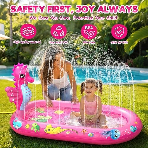 AZDYJL Splash Pad for Toddlers, 3-in-1 Seahorse Inflatable Baby Pool Sprinkler for Kids, Baby Splash Pads Outdoor Play Mat, Backyard Summer Water Toys Birthday Gift for 1+ Year Old Girls Kids thumbnail 2