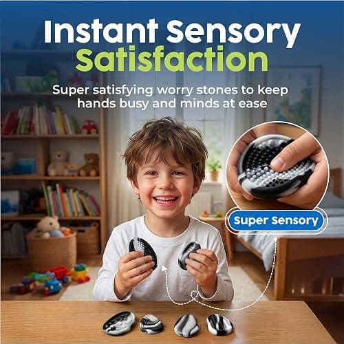 BUNMO Sensory Fidget Stones – 6pk Marble | Silicone Worry Stones for Kids Ages 3+ | Portable, Textured, Quiet Sensory Stones for Hands-On Play thumbnail 5