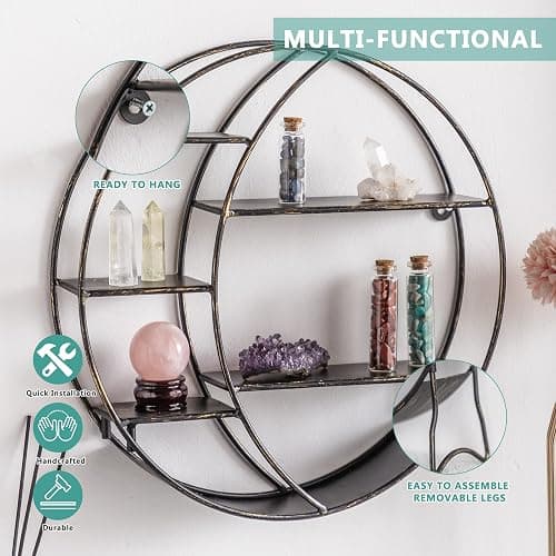 Apresolar Moon Shelf for Crystals - Circle Shelf Wall Decor for Wall and Countertop - Crystal Shelf Display for Stones, Essential Oil, Pendulum - Boho Hanging Moon Shelves (Retro Black) thumbnail 4
