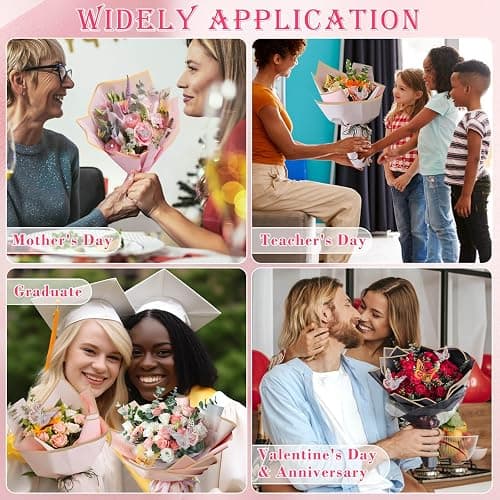 Thrilez 187PCS Flower Bouquet Wrapping Paper Kit Includes 40 Floral Paper, 24 Butterflies, 100 Bouquet Pins, 3 Ribbons and 20 Greeting Cards for Mother's Day Wedding Baby Shower Graduation thumbnail 7