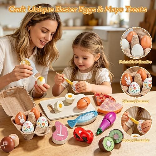 LAUGIGLE Wooden Play Food Sets for Kids Kitchen, Montessori Toy Food with Pizza Toy, Easter Eggs, Pretend Food Play Kitchen Accessories, Cutting Fake Food with Canvas Tote Bag, Birthday Christmas Gift thumbnail 5
