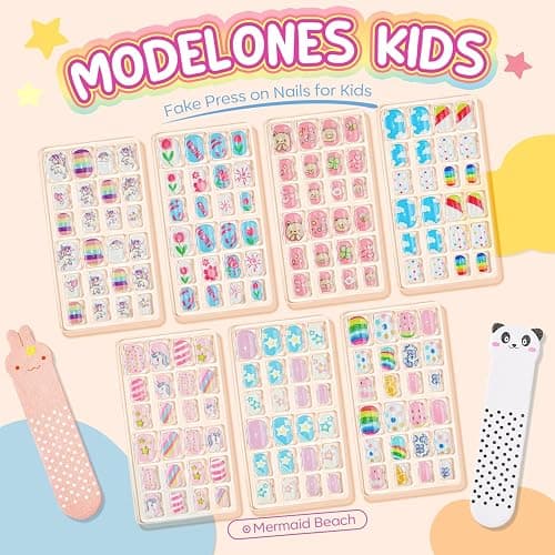 Modelones 144Pcs 6 Pack Press on Nails for Kids Children Acrylic Fake Nails Pre-glue Full Cover Glitter Gradient Color Ice-Cream Fruit Short False Nail Art Kits Sets Gifts for Kids Girls thumbnail 5