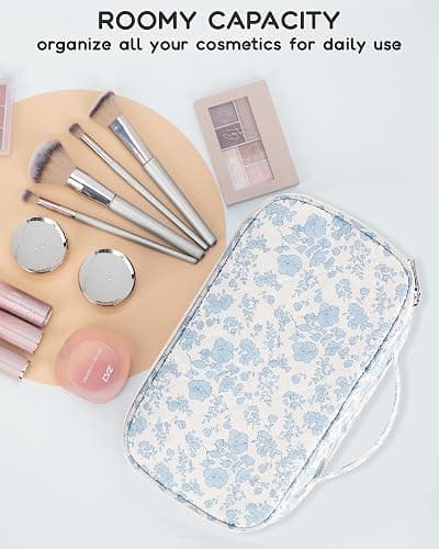 Relavel Travel Makeup Bag, Small Floral Cosmetic Bag with Makeup Brush Compartment, Portable Makeup Pouch for Women, Double Layer Makeup Organizer Bag Cute Toiletry Bag thumbnail 5