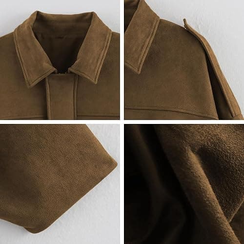 Xunger Women's Faux Suede Bomber Jacket Spring Lapel Pilot Coat Casual Oversized Long Sleeves Trendy Streetwear Outerwear thumbnail 5