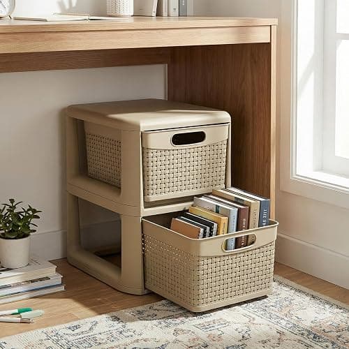 Giantex 2-Drawer Storage Organizer, Plastic Wicker Tower Baskets, Counterop & Under-desk Compact Container Boxes for Office, Bedroom, Bathroom, Living Room, Taupe thumbnail 2