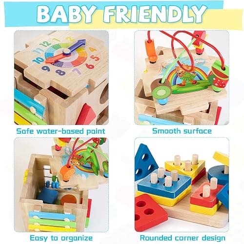 Bravmate Wooden Activity Cube, 8-in-1 Wooden Montessori Learning Toys for 18 M+ Toddlers, One Year Old First Birthday Gift, Baby Toy Set with Bonus Sorting & Stacking Board thumbnail 5