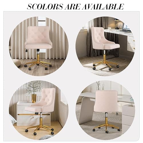 Velvet Armless Home Office Desk Chair, Swivel Height-Adjustable Small Cute Vanity Chair for Women/Girls, Comfy Makeup Chair with Rivet and Gold Base for Living Room, Bedroom(Light Pink) thumbnail 9