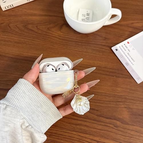 for Airpods 4 Case Cover - Soft TPU Protective Case for Apple Airpod 4 Generation 2024 with Shell Pearl Keychain, Glitter Shell Pattern Airpods 4 Cover for Girls Women, Dazzling White thumbnail 5