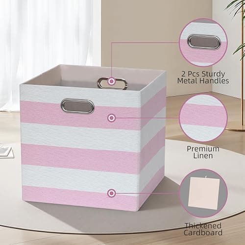 11 x 11 x 11 Inch Linen Stripe Storage Cubes for Home Organizing, Pack of 4 | Collapsible Fabric Bins with Handles, Striped Boxes for Office Wardrobe Closet Shelf Organizing thumbnail 4