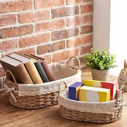 2Pcs Small Wicker Storage Baskets with Handles & Liners for Organizing | Hand-Woven Cute decorative Basket for Home Shelves Organizing, Storage and Deco thumbnail 6