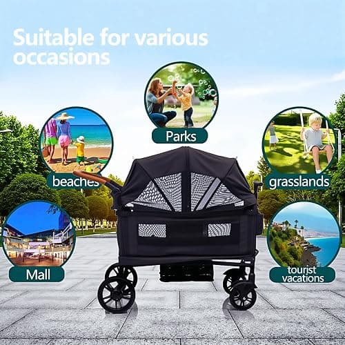 Luxury Wagon Stroller for 2 Kids & Cargo-Lightweight Foldable Travel Push Pull All-Terrain Double Wagon for Newborn&Toddler with 5-Point Harness,Adjustable Handle, Canopy,Tray Table,Cup Holder thumbnail 8