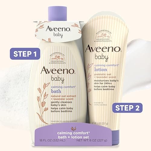Aveeno Baby Calming Comfort Bath & Body Lotion Set, Nighttime Baby Skin Care Products with Nourishing Oatmeal Plus Relaxing Lavender & Vanilla Scents, Paraben- & Phthalate -Free, 2 Items thumbnail 6