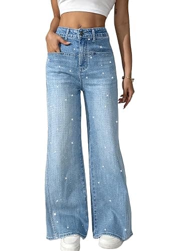 heipeiwa Women's Rhinestone Jeans Wide Leg Flare Denim Pants High Waist Sparkle Shiny Sequin Glitter Trouser - Image 1