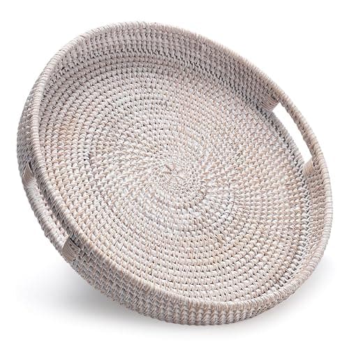 13.8 inch Round Rattan Tray, Decorative Coffee Table Tray, Ottoman Tray, Woven Serving Tray with Handles, Wicker Serving Basket, Whitewash - Image 1