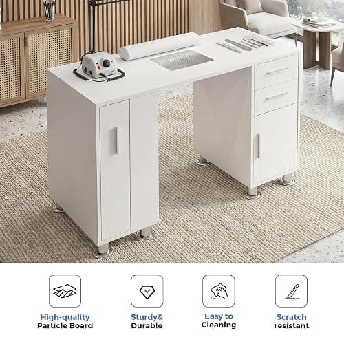 Nail Desk,Professional Manicure Table with Wrist Rest,2 Drawers&Cabinet | Nail Station Beauty Technician Desk with Electric Dust Collector& Dust Bag,Nail Table with Pull-out Locker&8 Metal Legs,White thumbnail 7