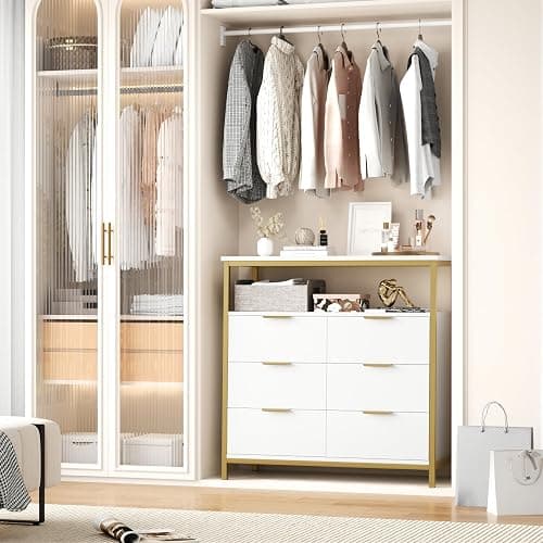 FACBOTALL Modern White Dresser, 6 Drawer Dresser with Shelf, Wood Chest of Drawers with Sturdy Steel Frame, Large Capacity 6 Drawer Chest or Living Room Home thumbnail 2