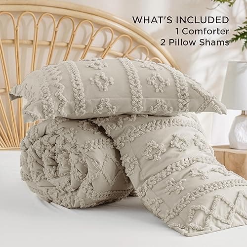 Bedsure Tufted Boho Comforter Set Queen Size - Linen Boho Bed Set, GentleSoft™ 3 Pieces Farmhouse Shabby Chic Embroidery Bedding, Gifts for Woman, Soft Jacquard Queen Comforter for All Seasons thumbnail 8