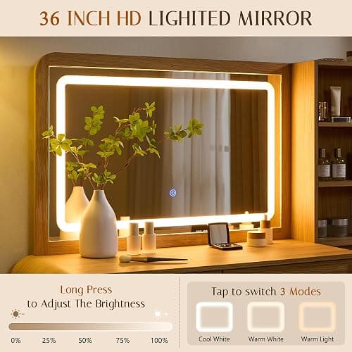 wow97e 50" Makeup Vanity Desk with 35.43" Mirror and Lights, Large 5 Drawers Makeup Table with Adjustable Shelves and Charging Station, 3 Lighting Modes for Women and Girls, Bedroom or Dorm, Natural thumbnail 5