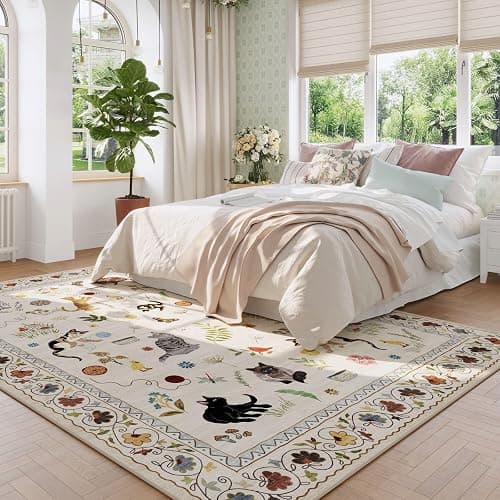 Rugcomf Living Room Rug 5x7 Rug Machine Washable Boho Area Rug Non Slip Floral Animal Cat Vintage Low Pile Large Rugs for Living Room Bedroom Farmhouse Dining Room Kids Playroom, Beige thumbnail 4