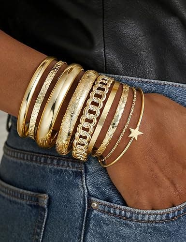 ÌF ME Gold Bangle Bracelets for Women, 19Pcs Multi Stackable Bangles Set | 14K Gold Plated, Chunky Textured Bracelet Stack, Fashion Boho Jewelry, Indian Bangles, Gifts for Women thumbnail 2