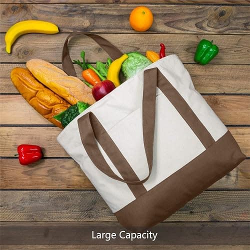 TOPDesign 1-Pack Canvas Tote Bag with an External Pocket, Reusable Grocery Shopping Bag, Top Zipper Closure, Daily Essentials (Brown/Natural) thumbnail 2
