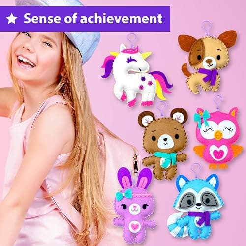 KRAFUN Unicorn Sewing Keyring Kit for Kids Age 7 8 9 10 11 12 Learn Art & Craft, Includes 6 Stuffed Animal Bear, Dog, Rabbit, Raccoon, Owl Dolls, Instruction & Felt Materials thumbnail 5